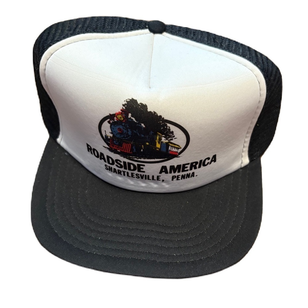 Vintage Roadside America Train Trucker Snap Back Mesh Hat White Black